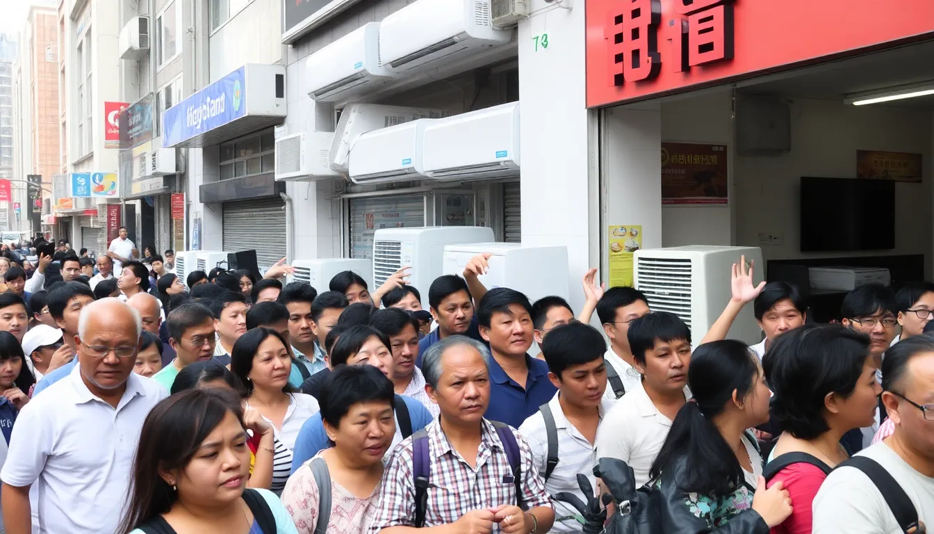 A family sitting in a sweltering living room, fanning themselves as they wait for the delivery of an airconditioning unit that is delayed due to supply chain issues