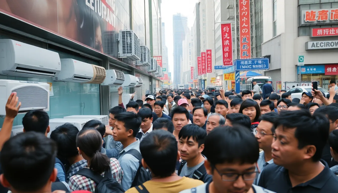 A bustling electronics market with empty shelves where airconditioning units used to be, highlighting the growing frustration among shoppers