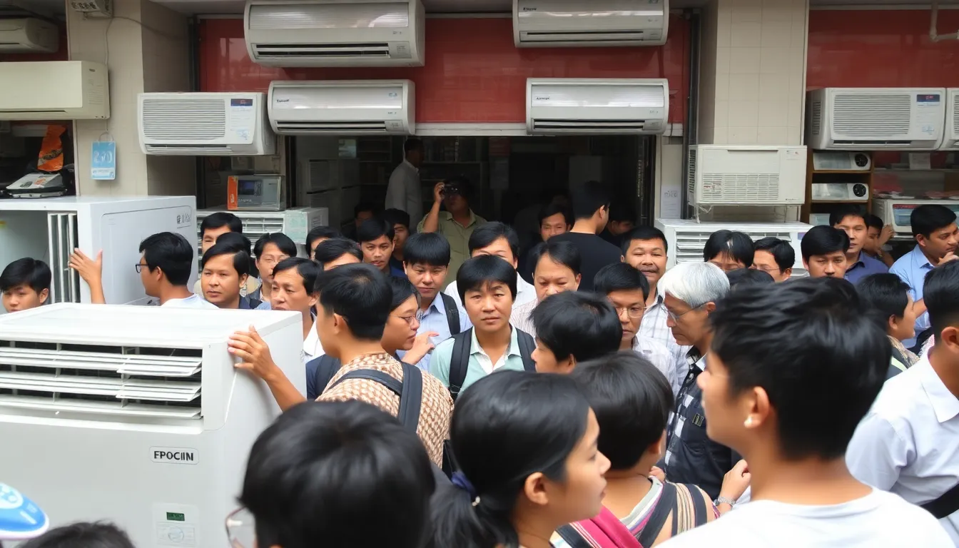A crowded restaurant struggling to maintain customer satisfaction as patrons endure discomfort from inadequate cooling during a heatwave