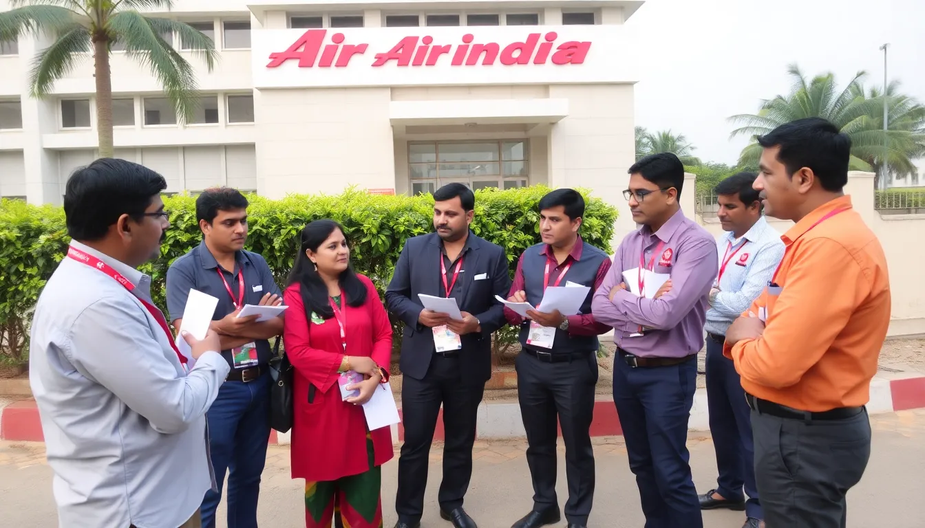 Air India employees gather outside the airline's headquarters, discussing the implications of the upcoming crash report amid growing concerns over safety protocols.