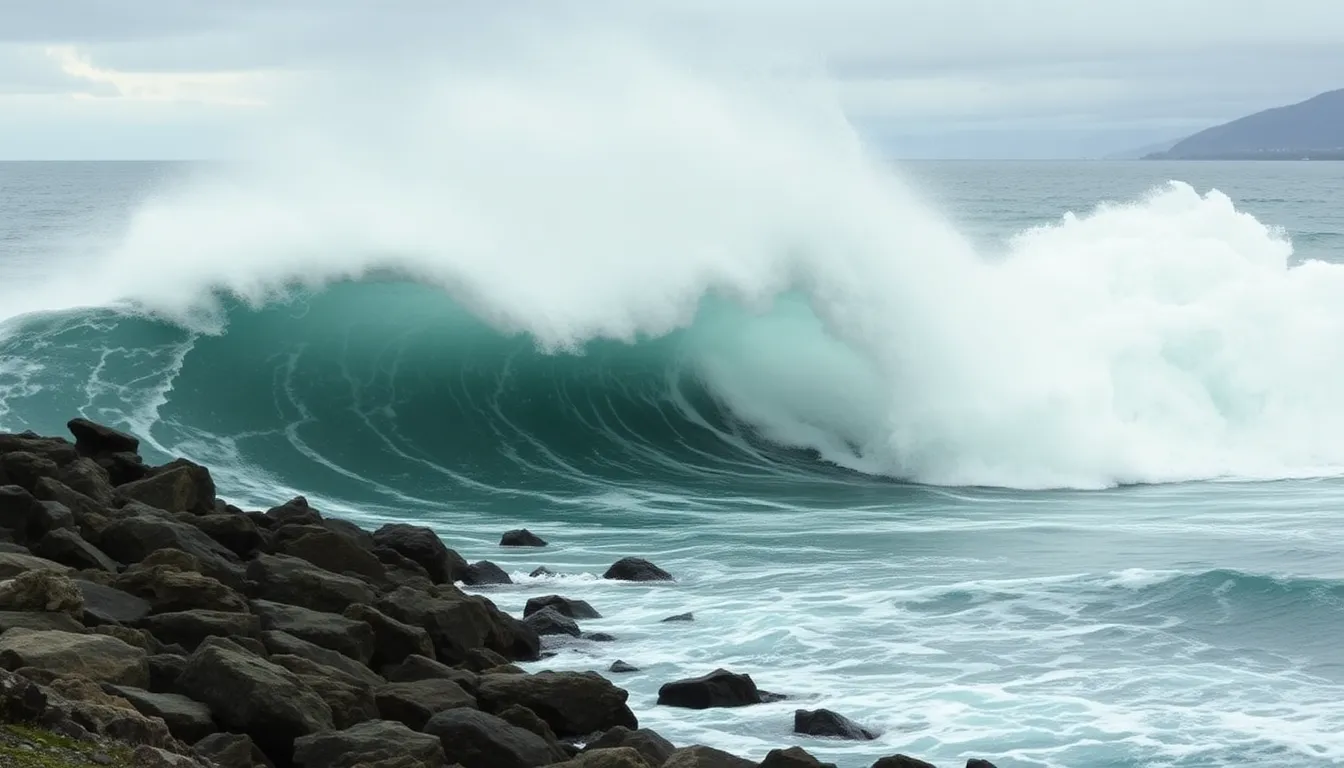 A powerful wave crashes against the rocky shoreline of Lituya Bay, illustrating the aftermath of the massive megatsunami that struck Alaska in 1958.