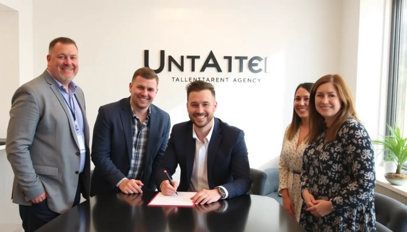 Alex Warren smiles as he signs his contract with United Talent Agency, surrounded by representatives and colleagues in a celebratory atmosphere.