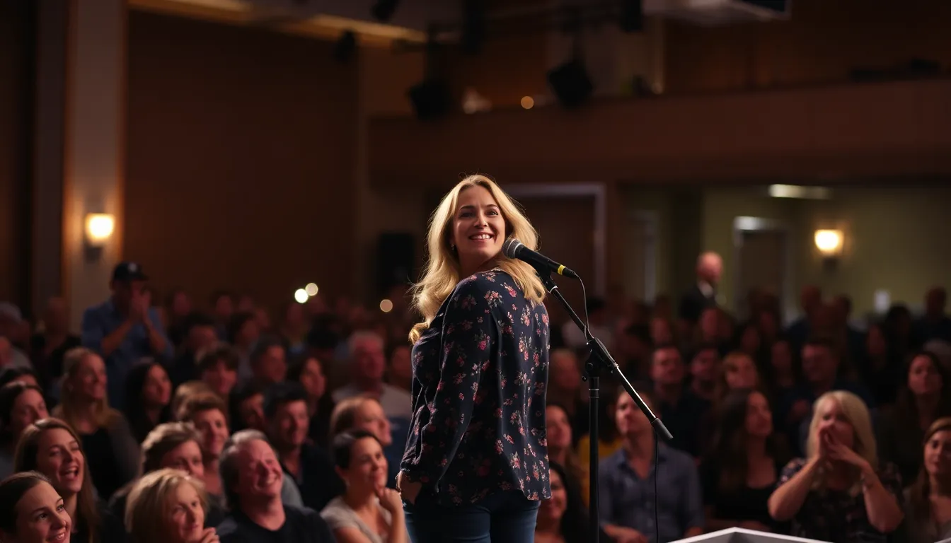 Allison Russell stands on stage with a microphone in hand, smiling broadly as she announces her upcoming album "In the Hour of Chaos" to an enthusiastic crowd.