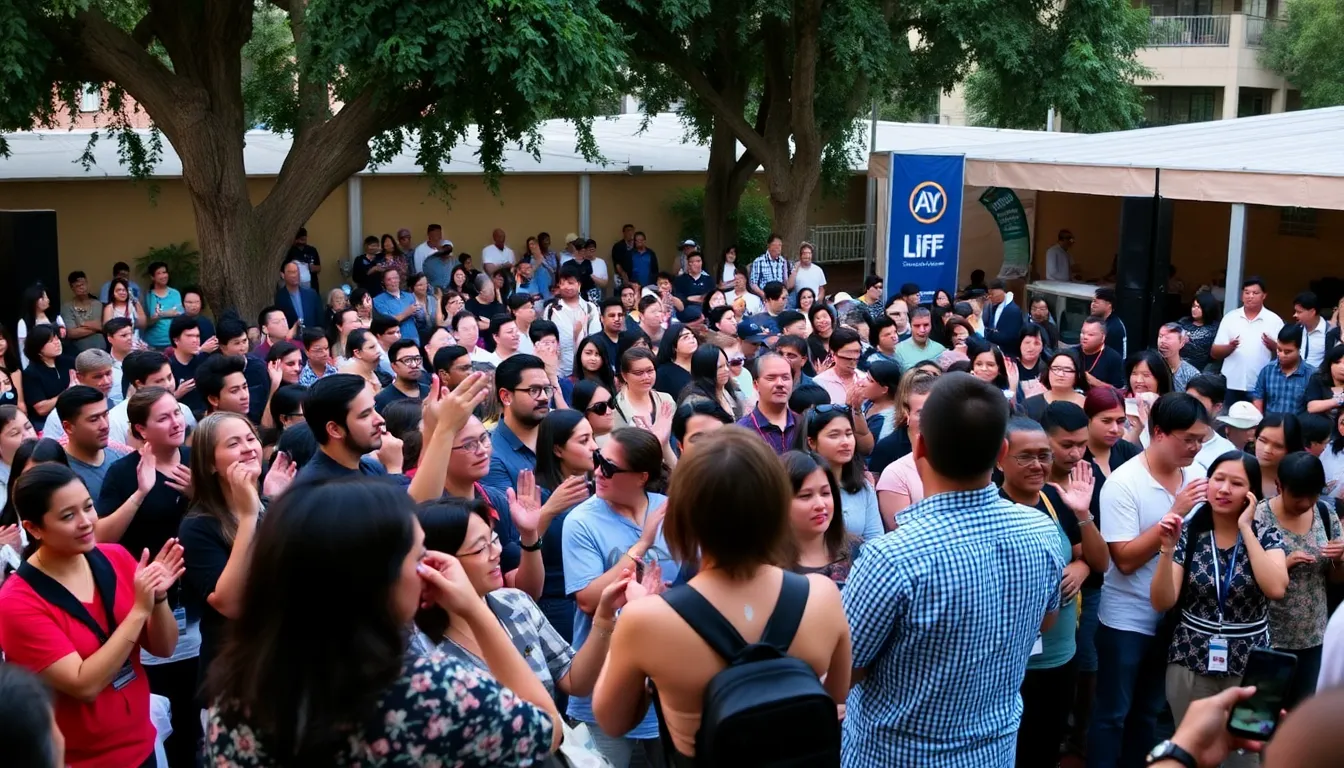 A crowd of filmmakers and enthusiasts gathers at the awards ceremony of the Alternativa Film Festival in Medellín, celebrating the achievements of this year's winning films.