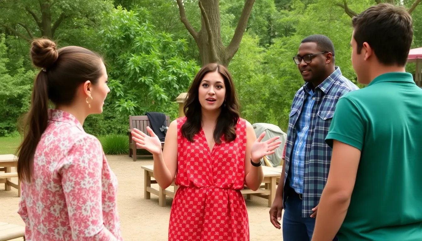 Amanda passionately gestures while speaking to fellow cast members during a heated discussion on the set of Amandaland.