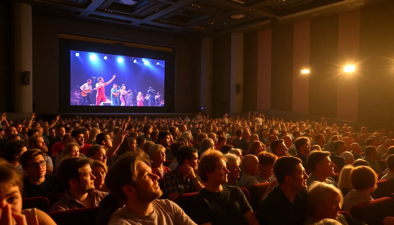 A crowd of excited fans fills an AMC theater, eagerly awaiting the live concert stream featuring popular artists.