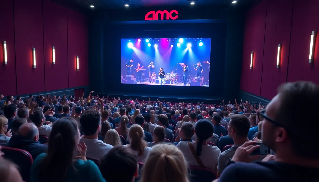 A closeup of a concert stage setup inside a cinema, showcasing highquality sound and lighting equipment ready for a live performance