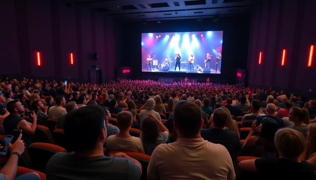 A group of friends enjoying refreshments while engaging with exclusive behindthescenes content before a live concert screening at a theater