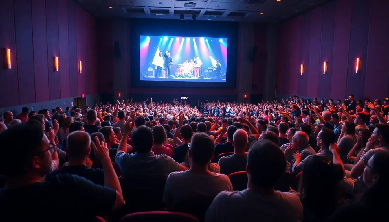 A promotional poster featuring popular artists like Bebe Rexha and Paris Hilton, highlighting the upcoming live concert events in movie theaters