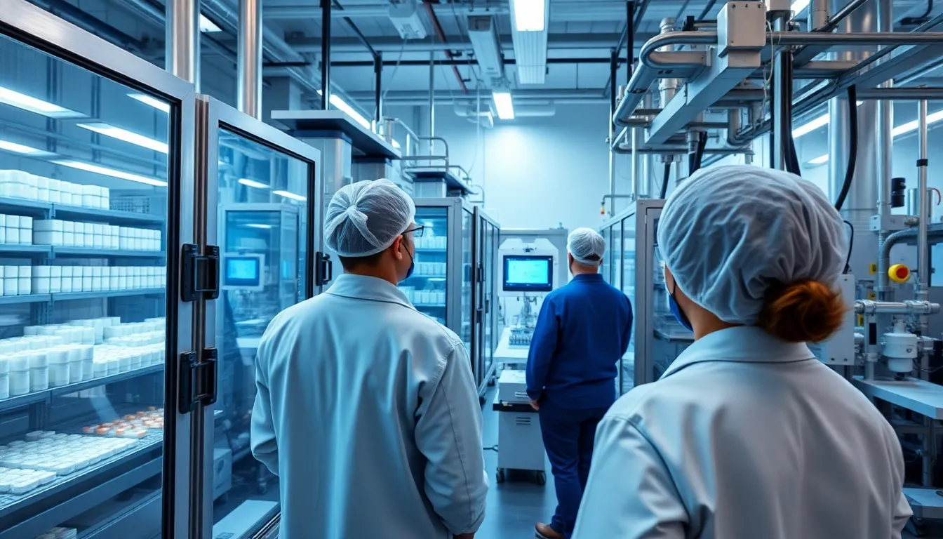 Workers at a drug manufacturing facility monitor automated machinery that utilizes artificial intelligence to enhance production efficiency and quality control.