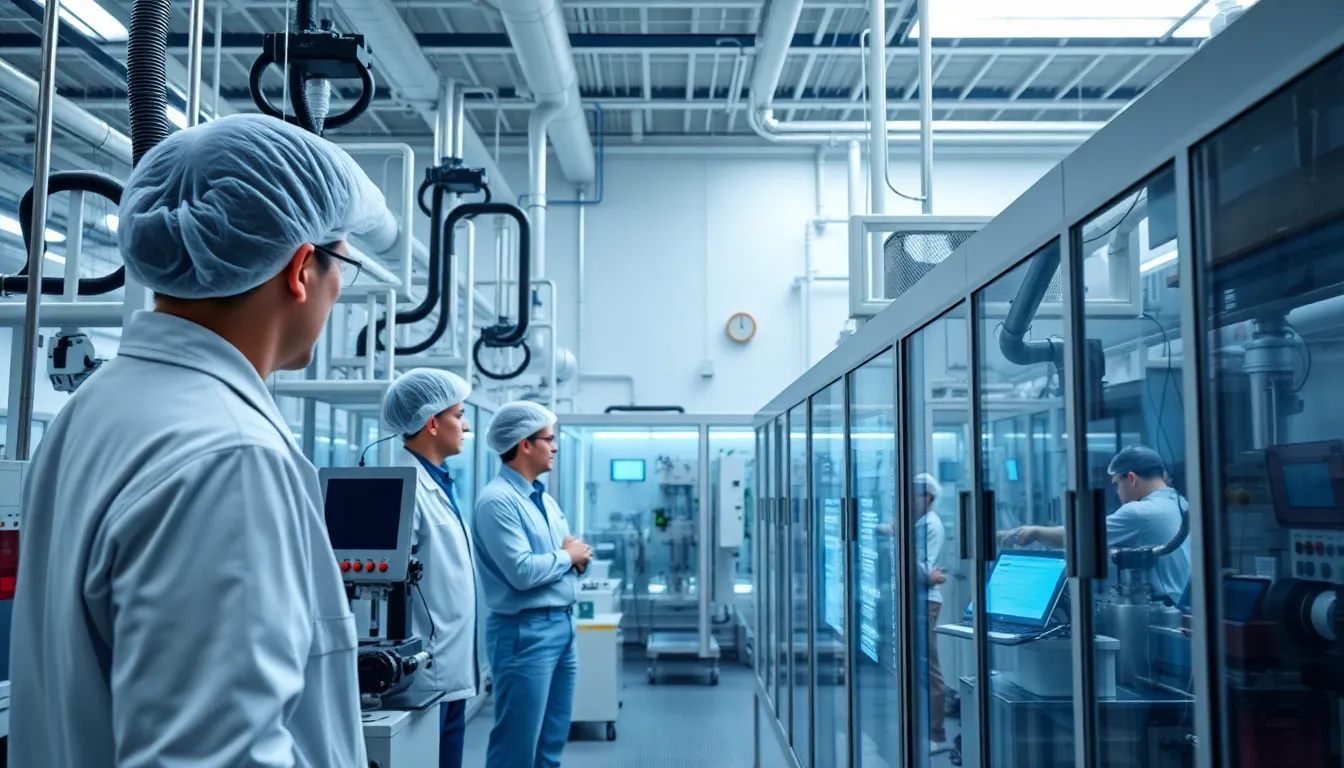 A team of engineers collaborating on AI technology integration in a pharmaceutical production environment, showcasing innovation in the industry