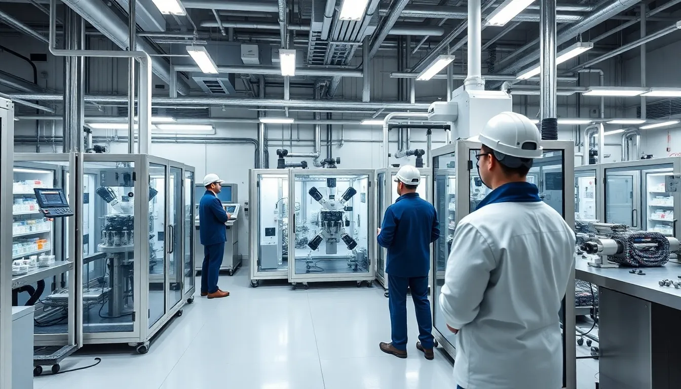 A factory floor where advanced machinery operates alongside human workers, illustrating the balance between automation and traditional manufacturing methods