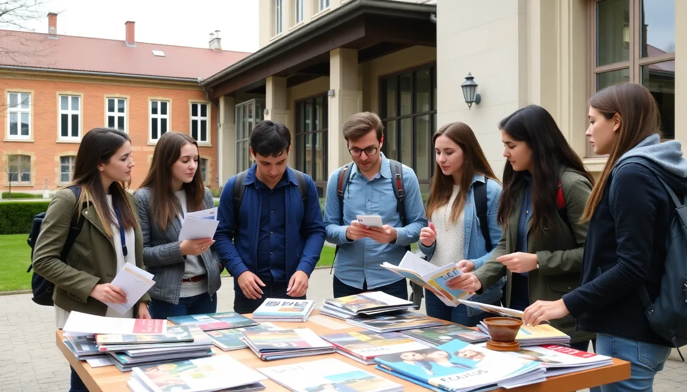 A group of French students discusses their university options outside a campus building, with brochures from various international institutions spread out on a table.