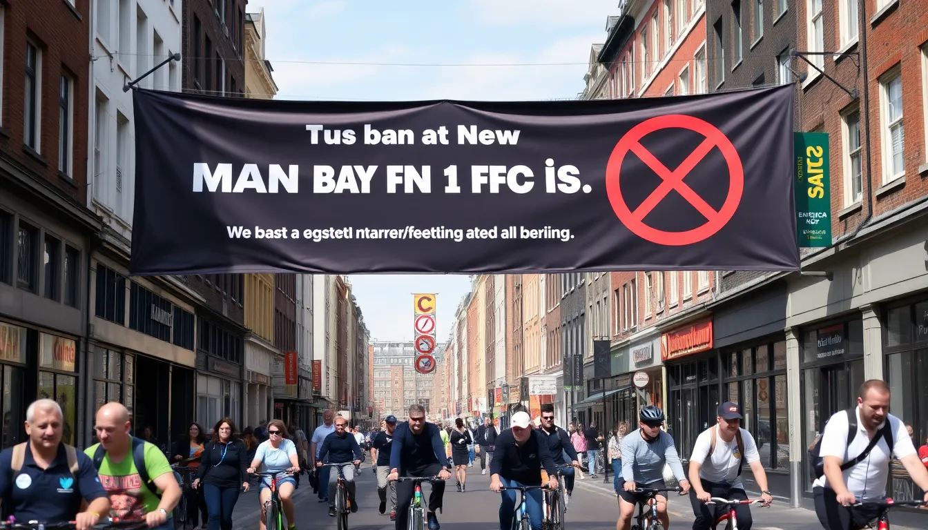 A bustling street in Amsterdam features a large banner announcing the city's new ban on advertisements for meat and fossil fuels, surrounded by curious pedestrians and cyclists.