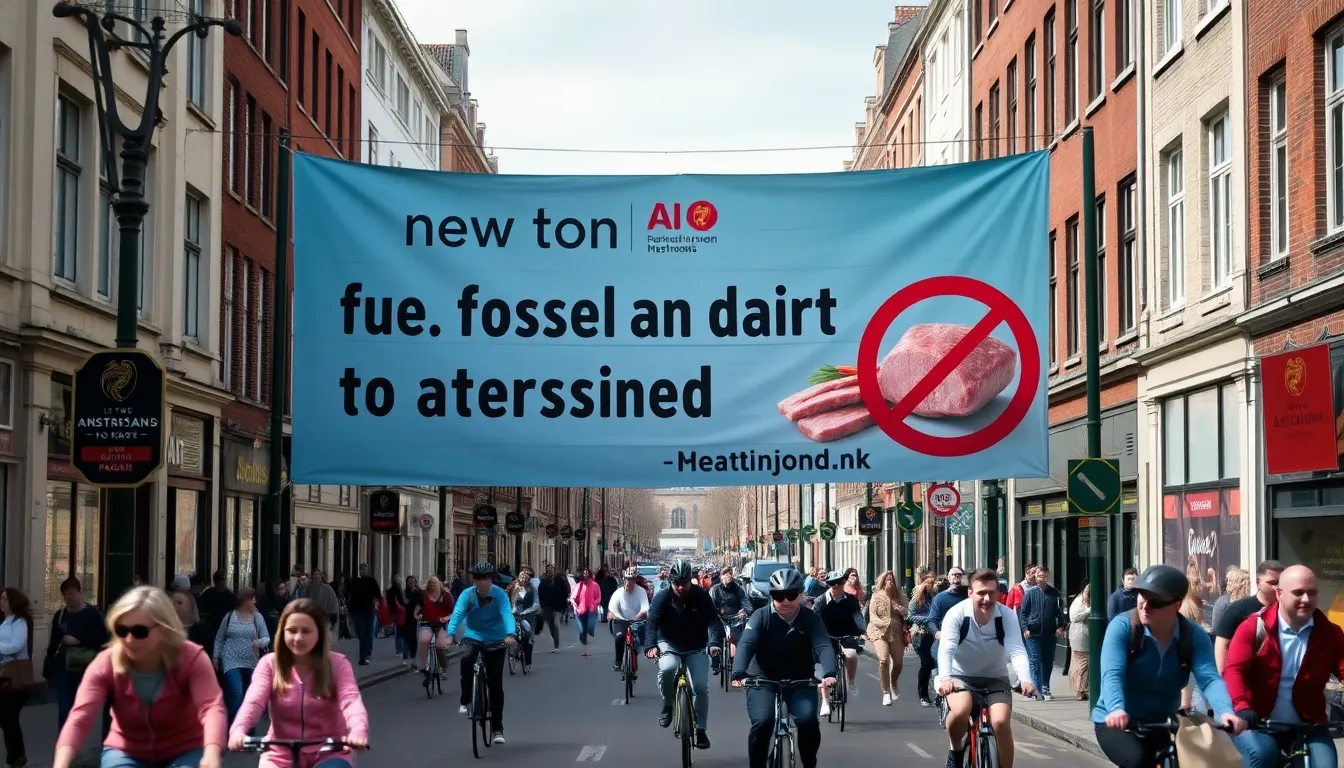 A bustling street in Amsterdam features a large banner announcing the city's new ban on advertisements for fossil fuels and meat, surrounded by pedestrians and cyclists.