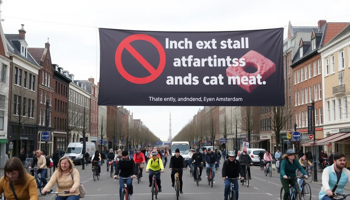 A bustling street in Amsterdam showcasing vibrant local businesses that promote plantbased diets and renewable energy solutions, reflecting the city's commitment to sustainability