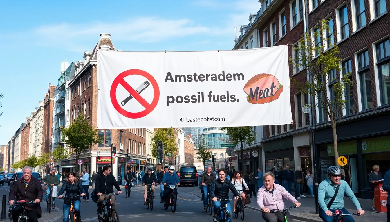 A poster on an Amsterdam street promoting the benefits of cycling and public transport, illustrating the city's initiatives to foster a healthier environment