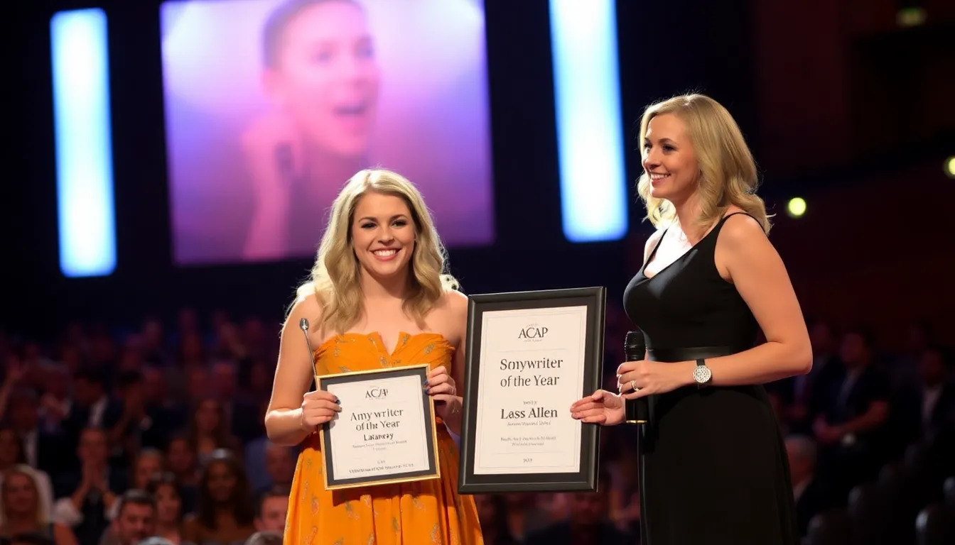 Amy Allen stands on stage holding her Songwriter of the Year award at the ASCAP Pop Awards, while Laufey, beside her, smiles as she receives the Creative Voice Award during the ceremony in Los Angeles.