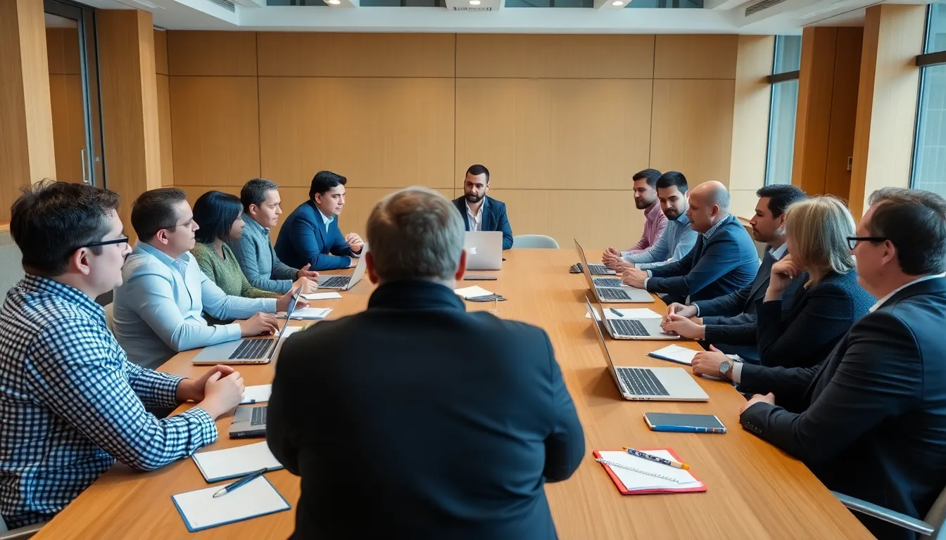 A vibrant gathering of tech leaders at a networking event, discussing the implications of recent political contributions on the future of the tech industry