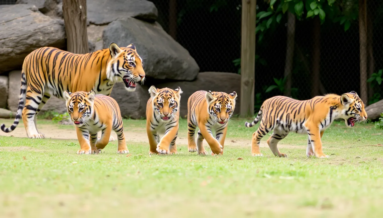 Four playful Sumatran tiger cubs are seen exploring their enclosure at the animal park, while their mother watches over them attentively.