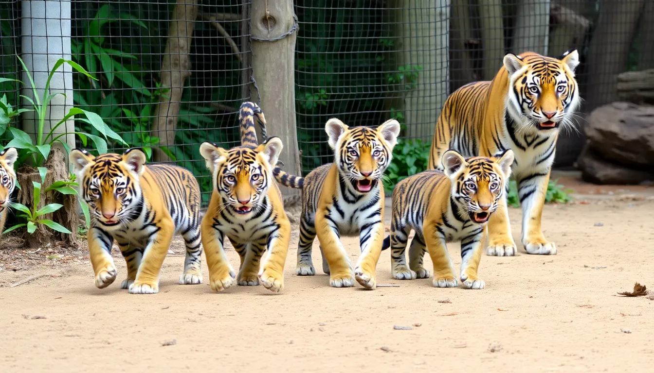 A serene moment captures the mother Sumatran tiger watching over her cubs, symbolizing the vital role of family and protection in the survival of this critically endangered species