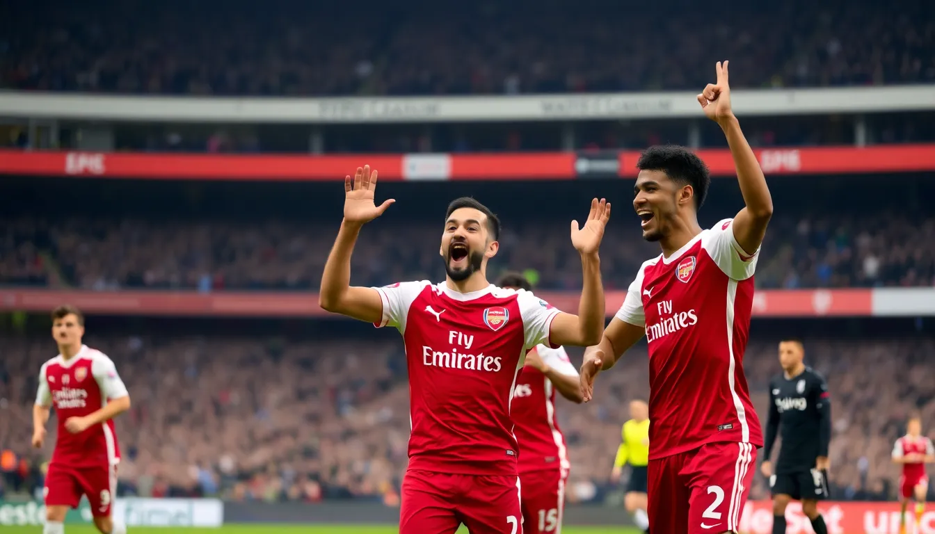 Arsenal players celebrate a goal during their recent 31 victory against Liverpool at the Emirates Stadium, highlighting their strong position in the Premier League title race.