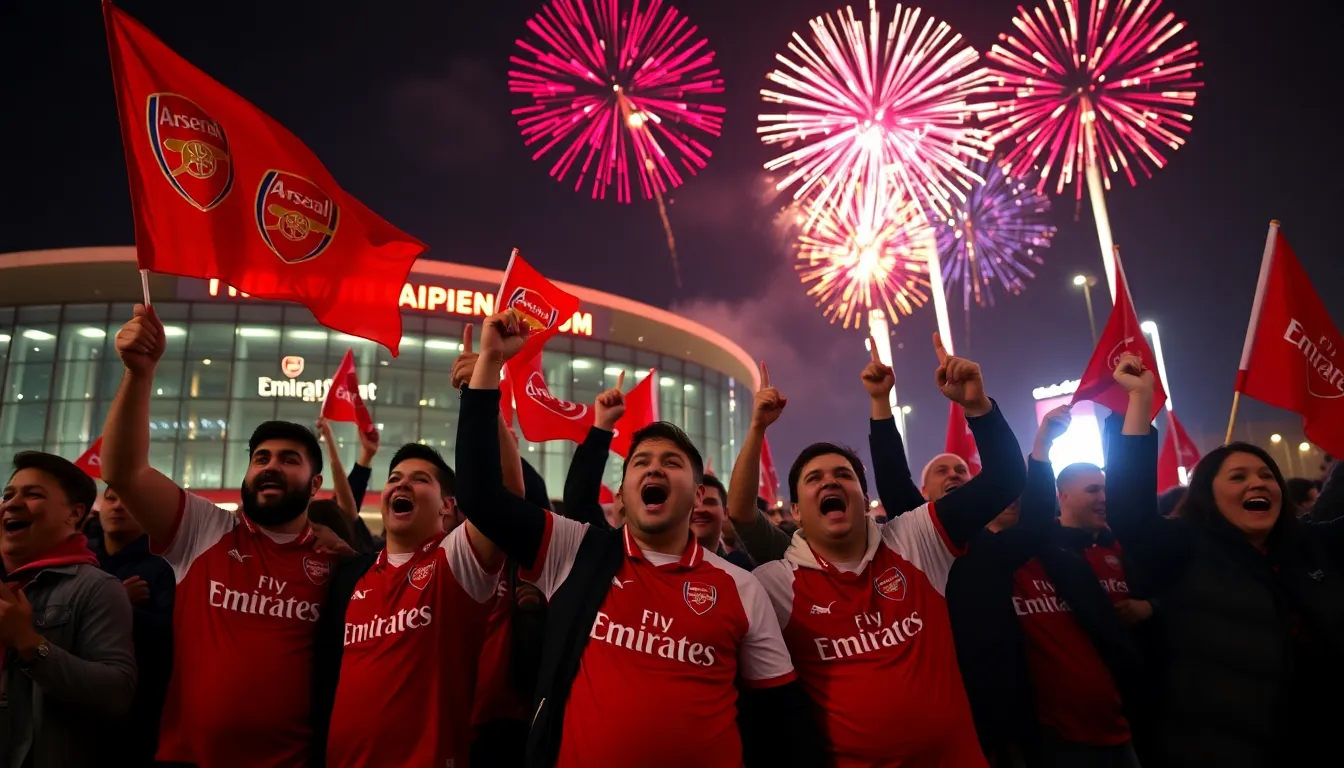 Boats adorned with Arsenal colors floating along the River Thames, symbolizing the unity and joy of fans celebrating their team's triumph