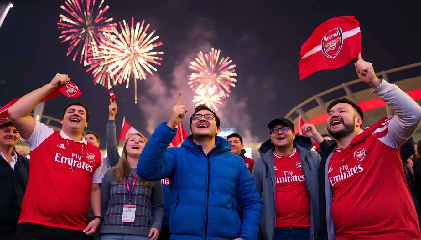 A group of enthusiastic Arsenal fans celebrate the team's Premier League title win by waving flags and singing near the Emirates Stadium, with colorful fireworks lighting up the night sky.