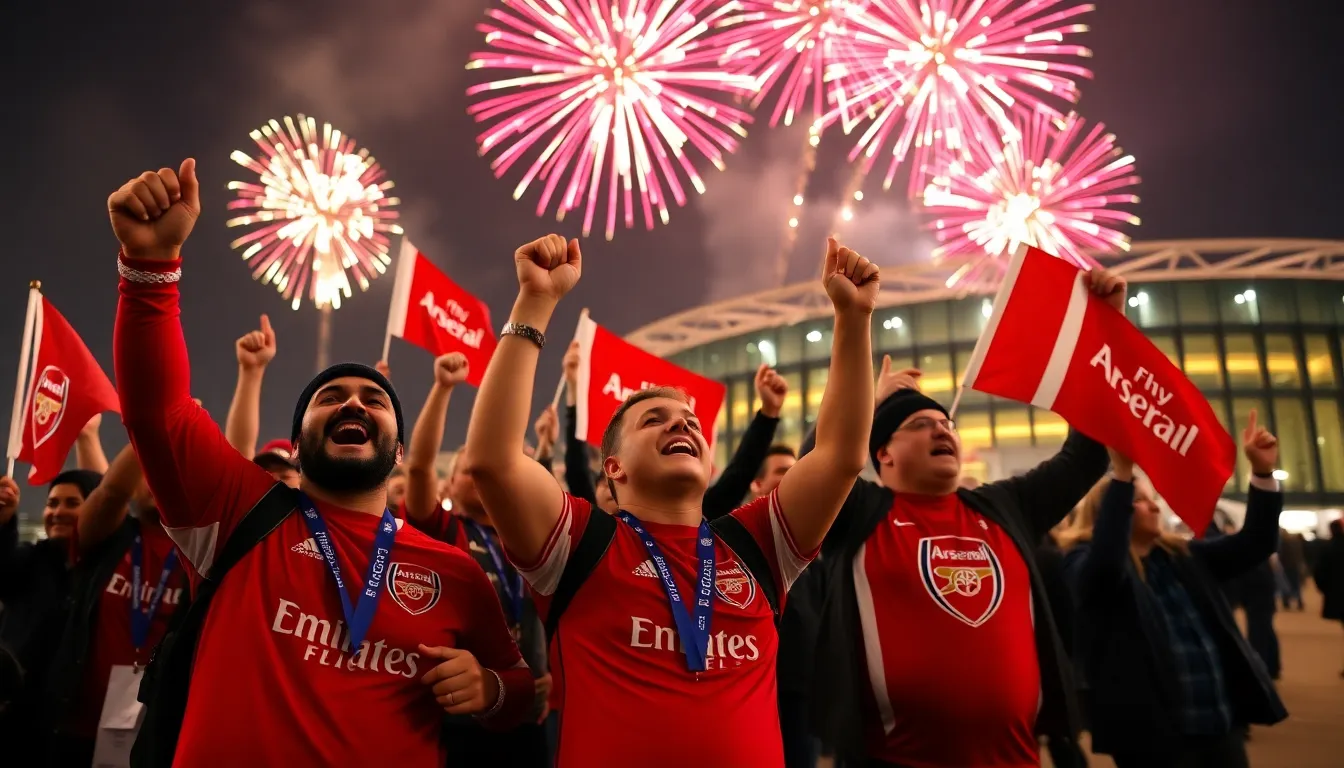 A diverse crowd of passionate Arsenal supporters gathered in a local pub, sharing stories and laughter as they commemorate the club's recent victory