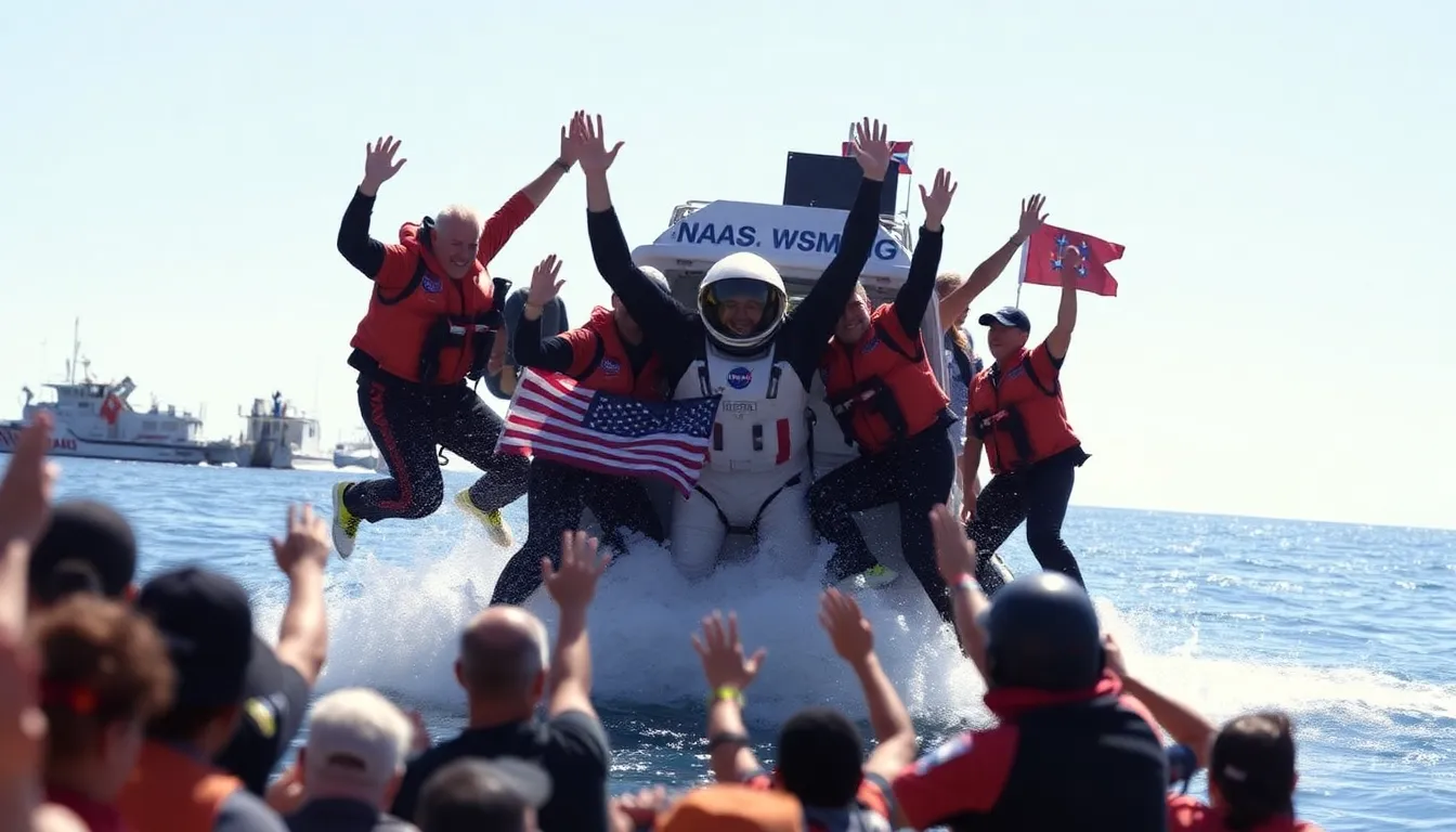 NASA's Artemis II crew celebrates their successful splashdown in the Pacific Ocean, surrounded by rescue boats and cheering personnel as they return from their historic mission.