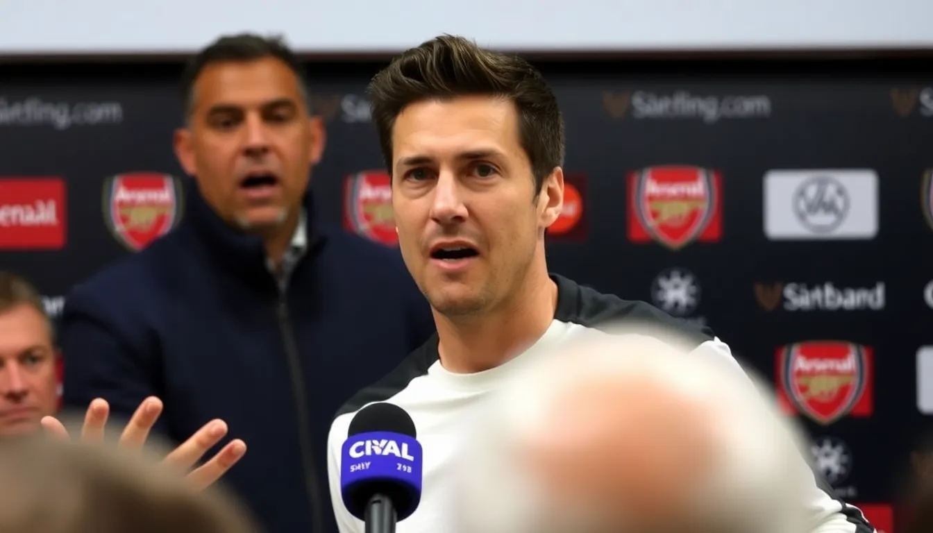 Arsenal manager Mikel Arteta gestures passionately during a press conference, praising match officials for their decision to disallow a late equalizing goal by West Ham United after a VAR review.