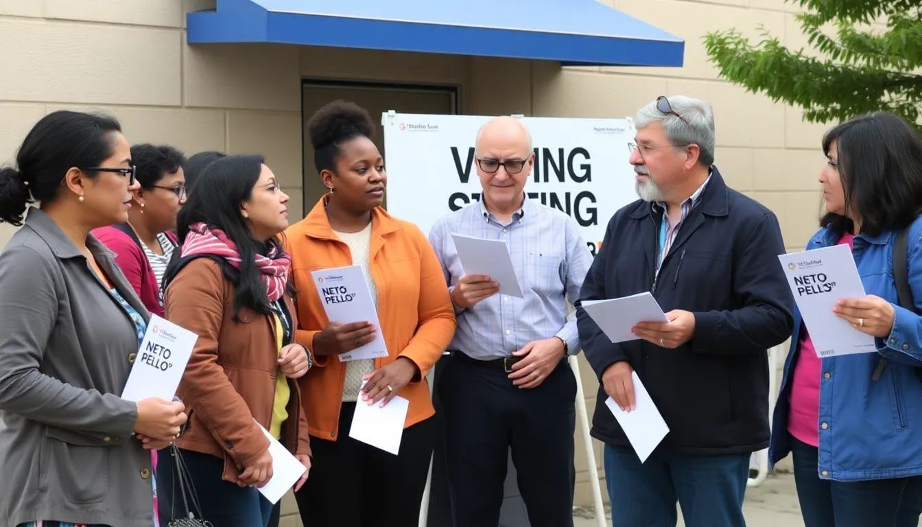 A group of voters gathers outside a polling station, discussing their concerns about net zero policies and the economy as they prepare to cast their ballots.