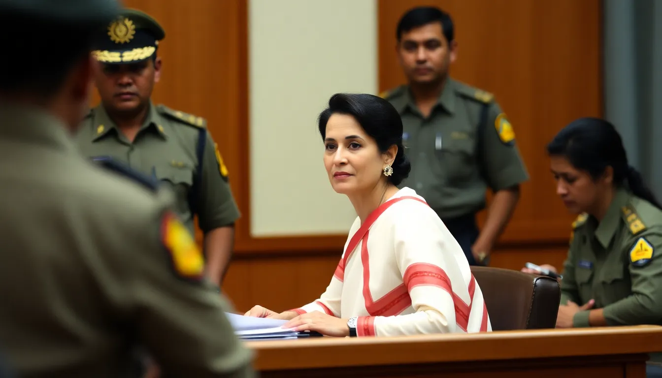 Aung San Suu Kyi is shown in a courtroom setting, surrounded by security personnel as she faces legal proceedings following her detention by the military junta in Myanmar.