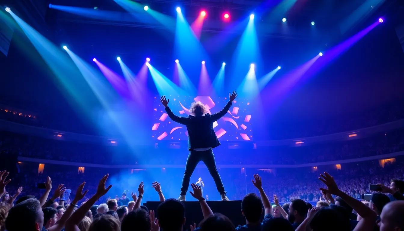 Voyager performs energetically on stage during the Eurovision semifinals, captivating the audience with their song "Promise" as colorful lights and visuals enhance the vibrant atmosphere.