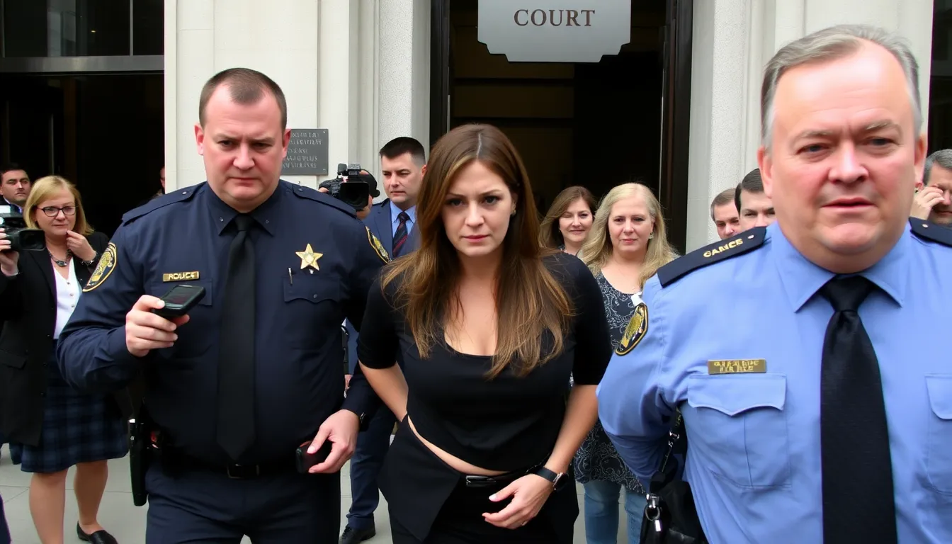 A woman is being led away in handcuffs by law enforcement officers outside a courthouse, surrounded by reporters and onlookers following her sentencing for fraudulently claiming her son had cancer.