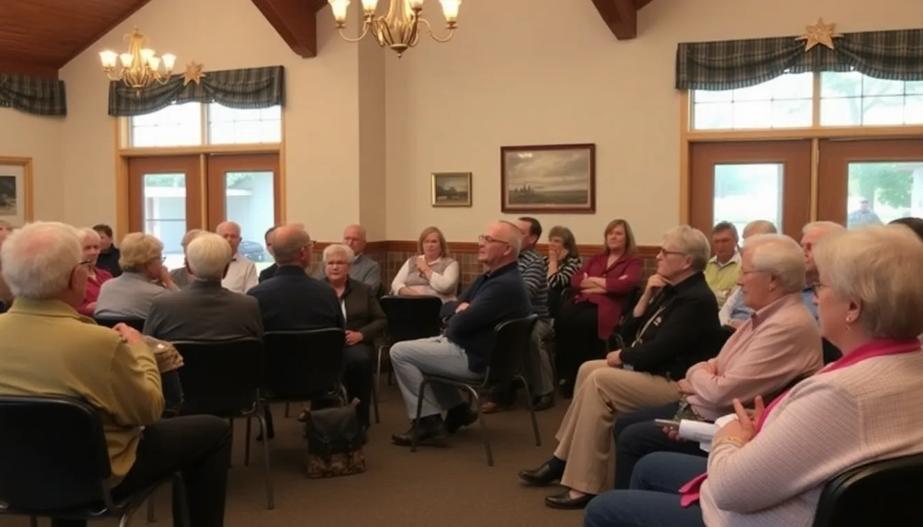 A group of concerned homeowners gathers at a community meeting to discuss the recent 5% decline in average house prices and its implications for the local real estate market.