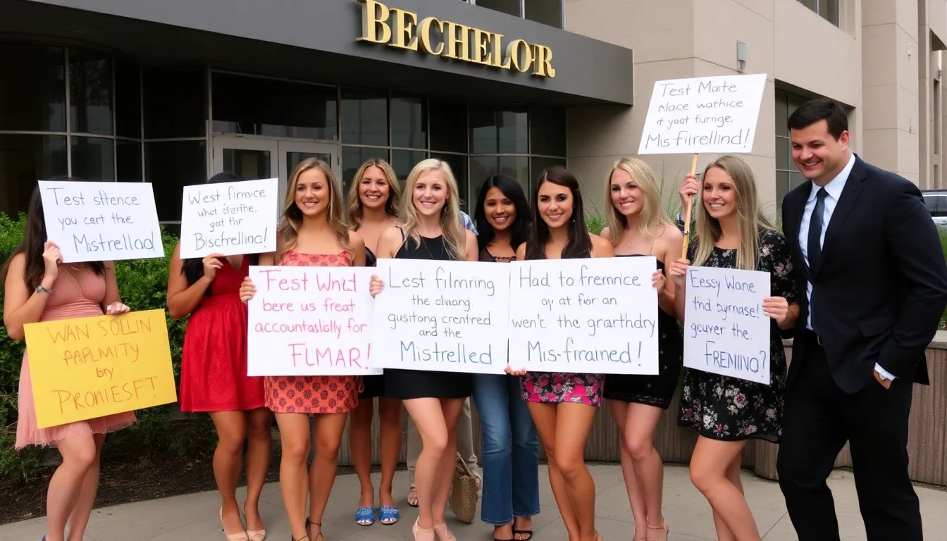 A group of former contestants from the Bachelorette stands together outside a studio, holding signs that call for accountability and support for those who have experienced mistreatment during filming.