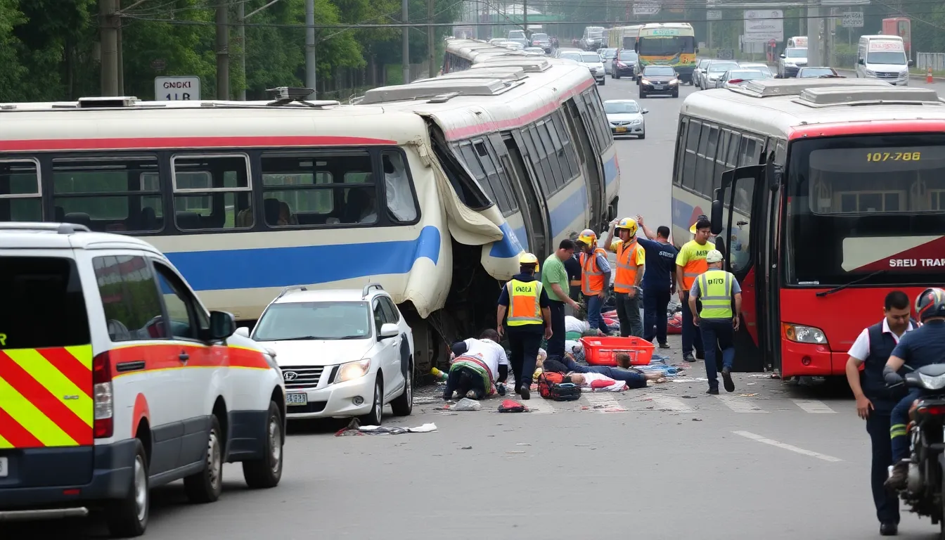 Emergency responders work at the scene of a freight train and bus collision in Bangkok, where multiple casualties have been reported and rescue efforts are underway.