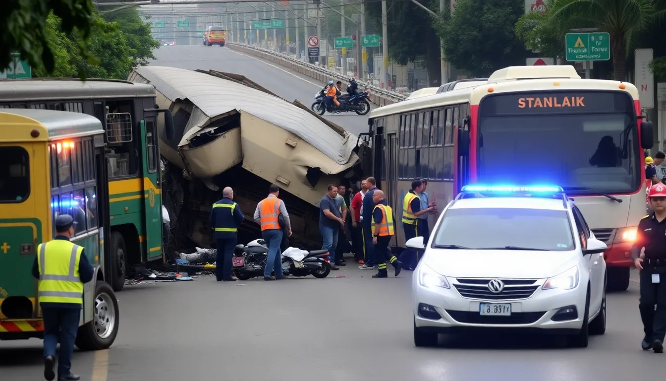 A chaotic scene unfolds as bystanders and emergency personnel assess the aftermath of the freight train and bus crash, highlighting the severity of the incident