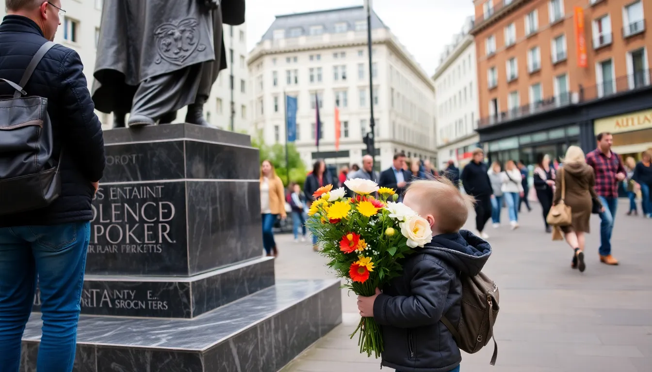 A child holding a bouquet of flowers stands as a new statue in a busy central London square, drawing the attention of curious passersby.