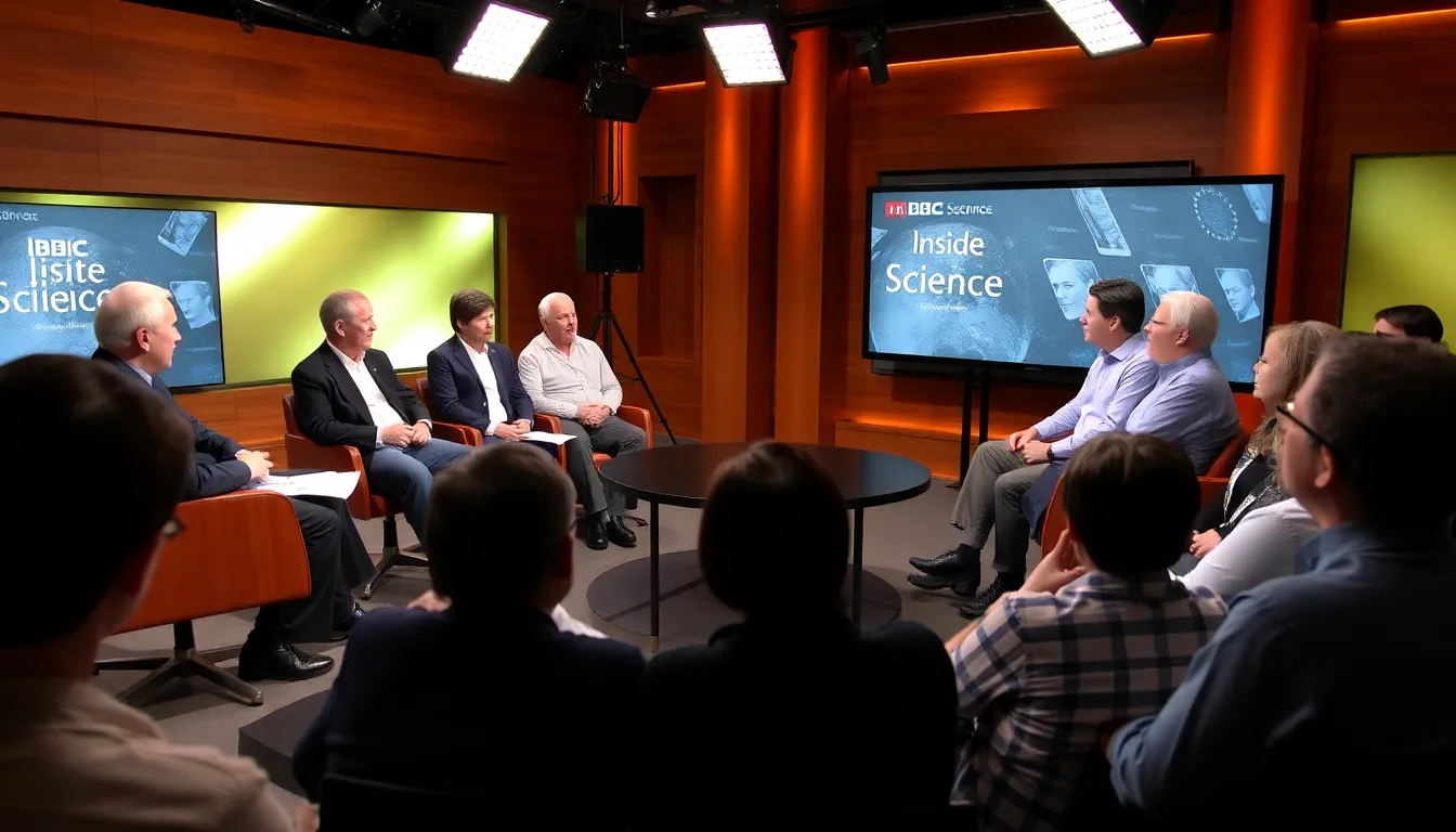 A group of scientists discusses climate models during a live taping of BBC Inside Science, surrounded by equipment and a studio audience engaged in the conversation.