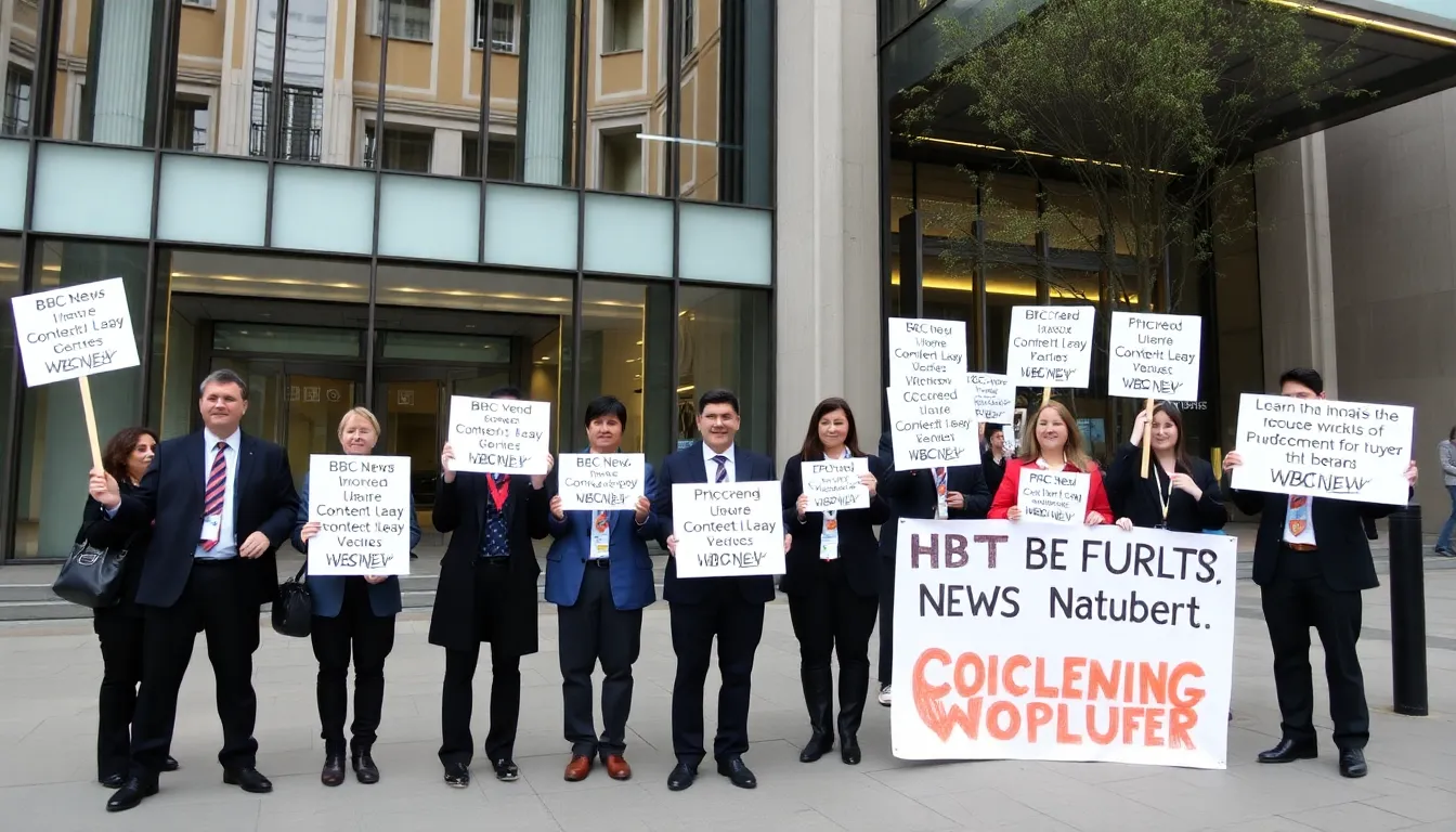 A group of BBC News employees gathers outside the broadcasting headquarters, holding signs and expressing their concerns over the planned job cuts.