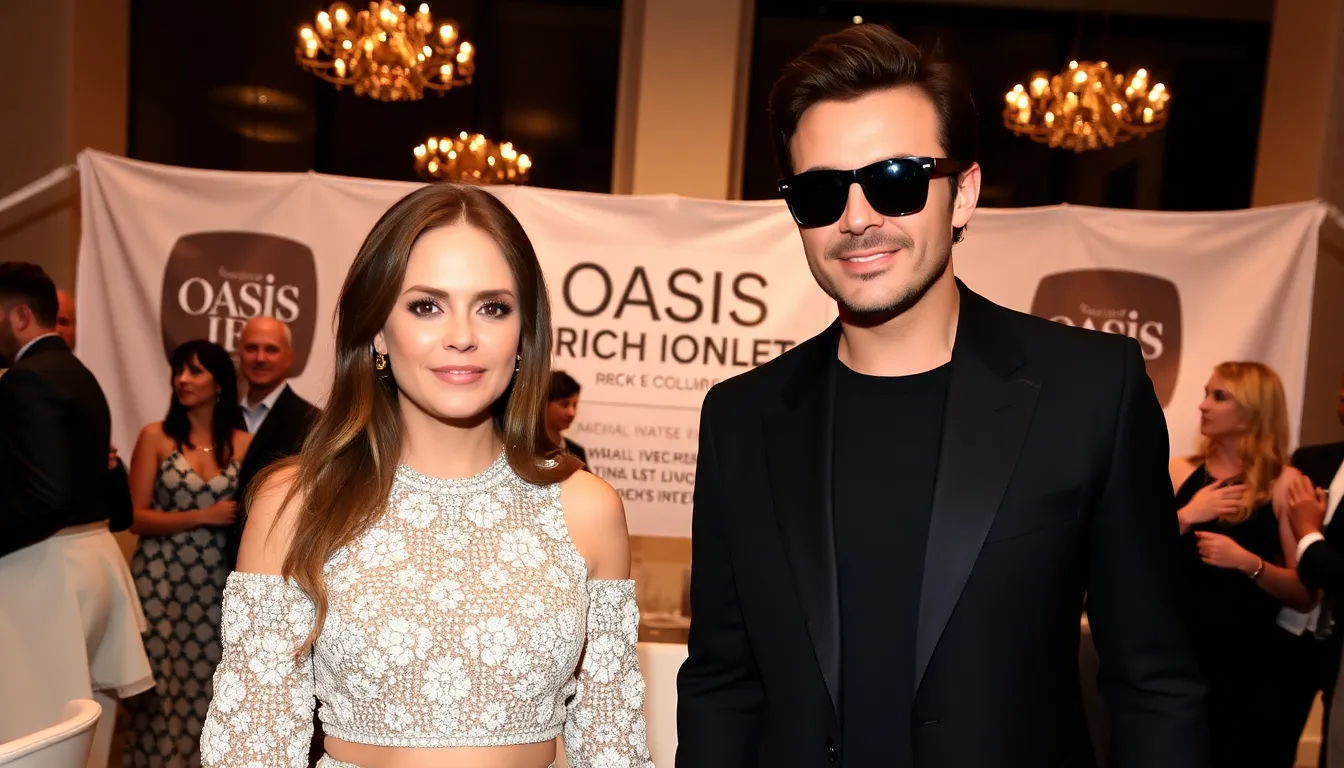 David and Victoria Beckham celebrate their billionaire status at a lavish event, surrounded by friends and industry leaders, while a banner announcing Oasis's entry into the rich list hangs in the background.