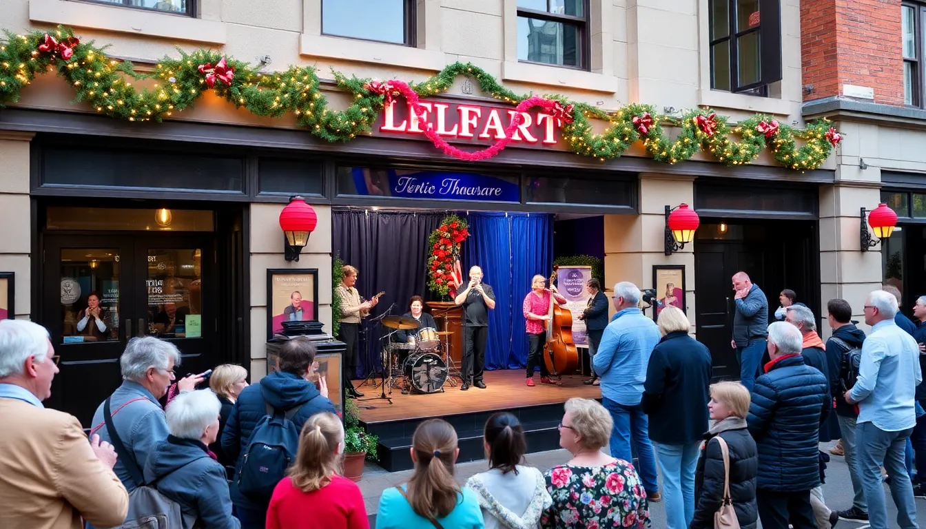 The Lyric Theatre in Belfast, adorned with festive decorations, welcomes visitors as it celebrates its 75th anniversary with a vibrant performance showcasing local talent.