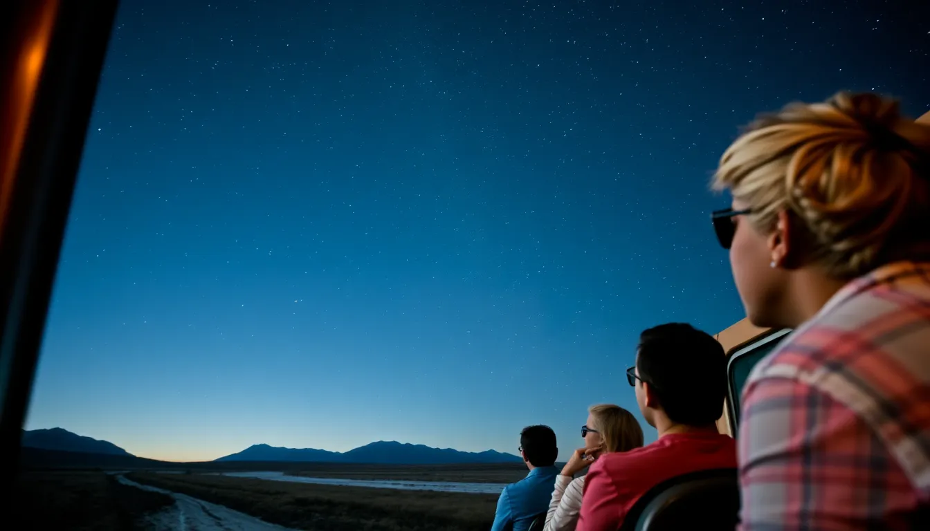 Passengers aboard a train gaze up at a clear night sky filled with stars, enjoying a unique stargazing experience as they travel through a remote landscape.