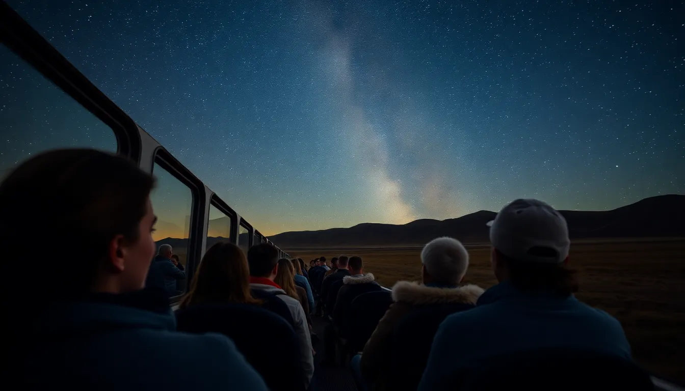 Passengers aboard a train gazing up at the celestial wonders, with a knowledgeable guide sharing insights about the constellations above