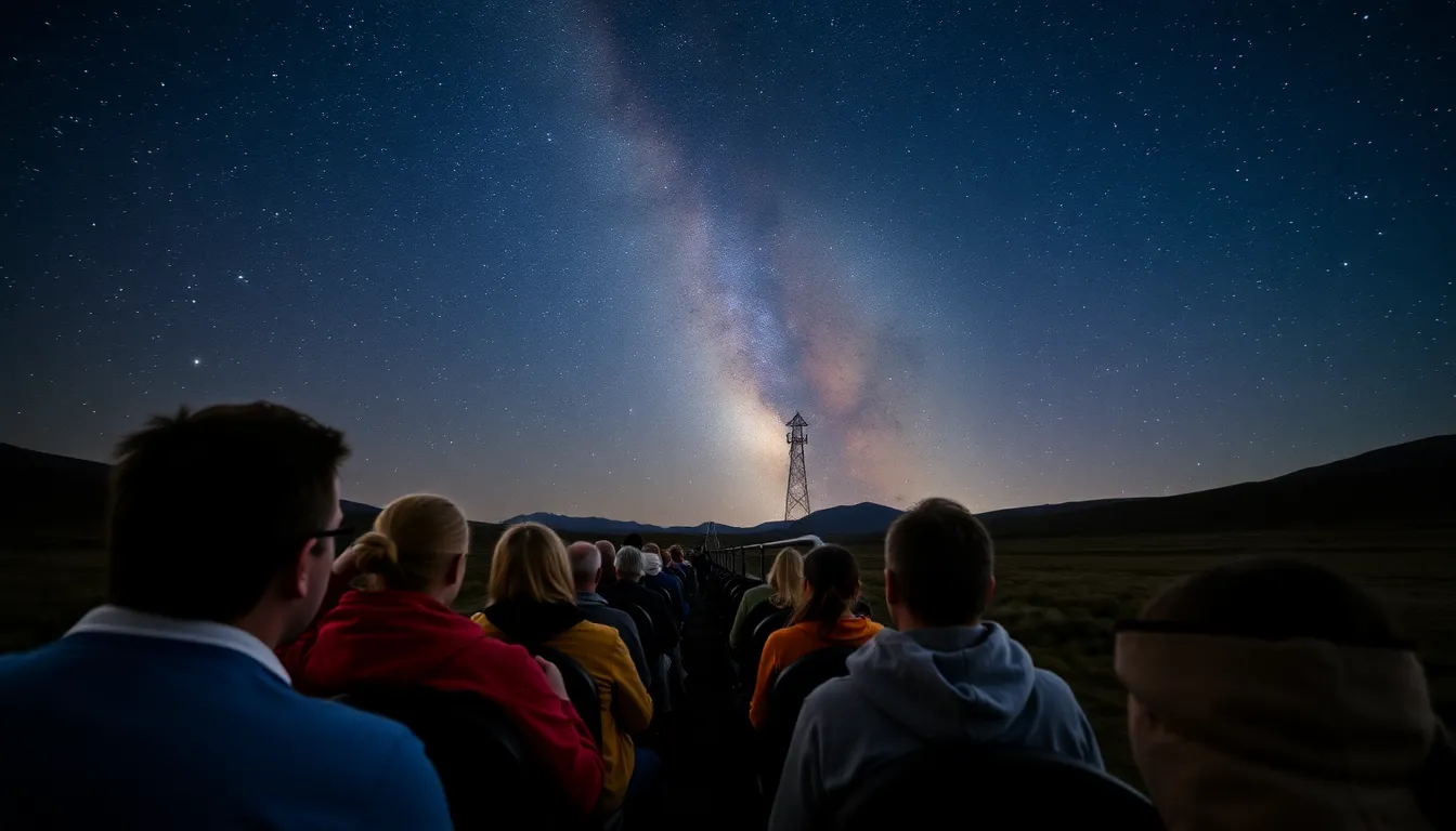 A stargazing train traveling through a mountainous region, showcasing the beauty of the night sky free from light pollution