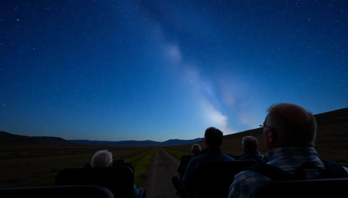 Families enjoying a memorable evening on a train, surrounded by the beauty of the cosmos as they participate in a guided stargazing event
