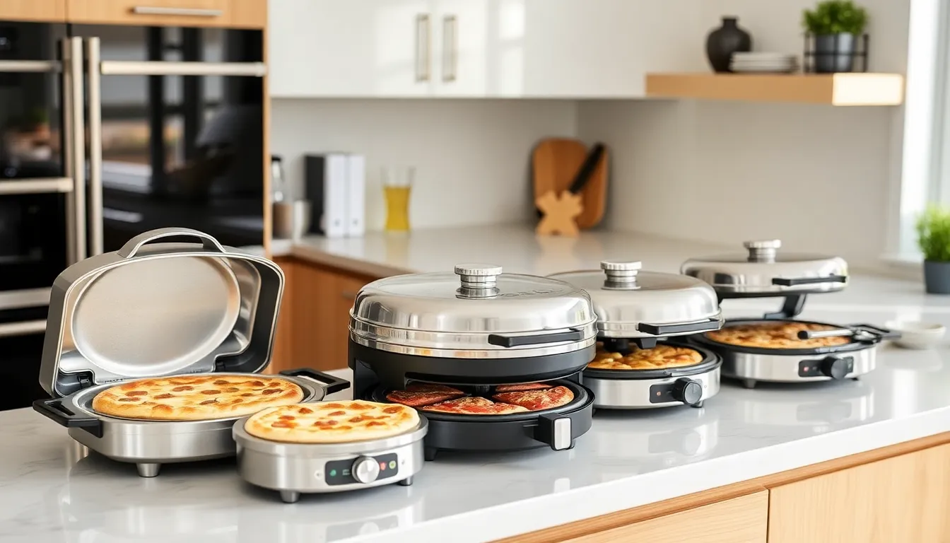 A kitchen countertop displays a variety of pizza makers ranging in size and design, showcasing the diverse options available for athome pizza enthusiasts.