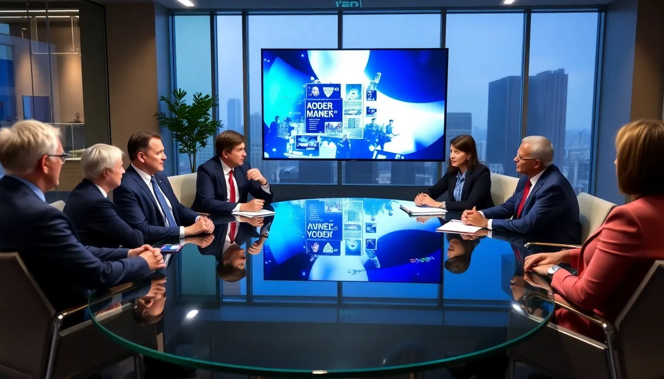 Executives from major media companies gather at a conference table, discussing strategies to address declining TV ratings and explore new advertising metrics.